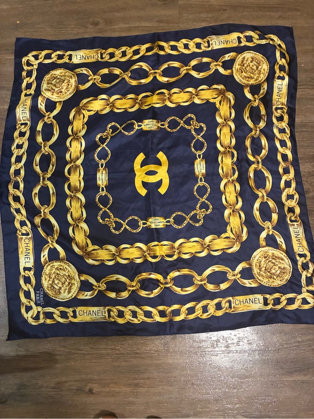 Navy and Gold Chain Print Silk-Feel Square Scarf - Picture 3 of 3